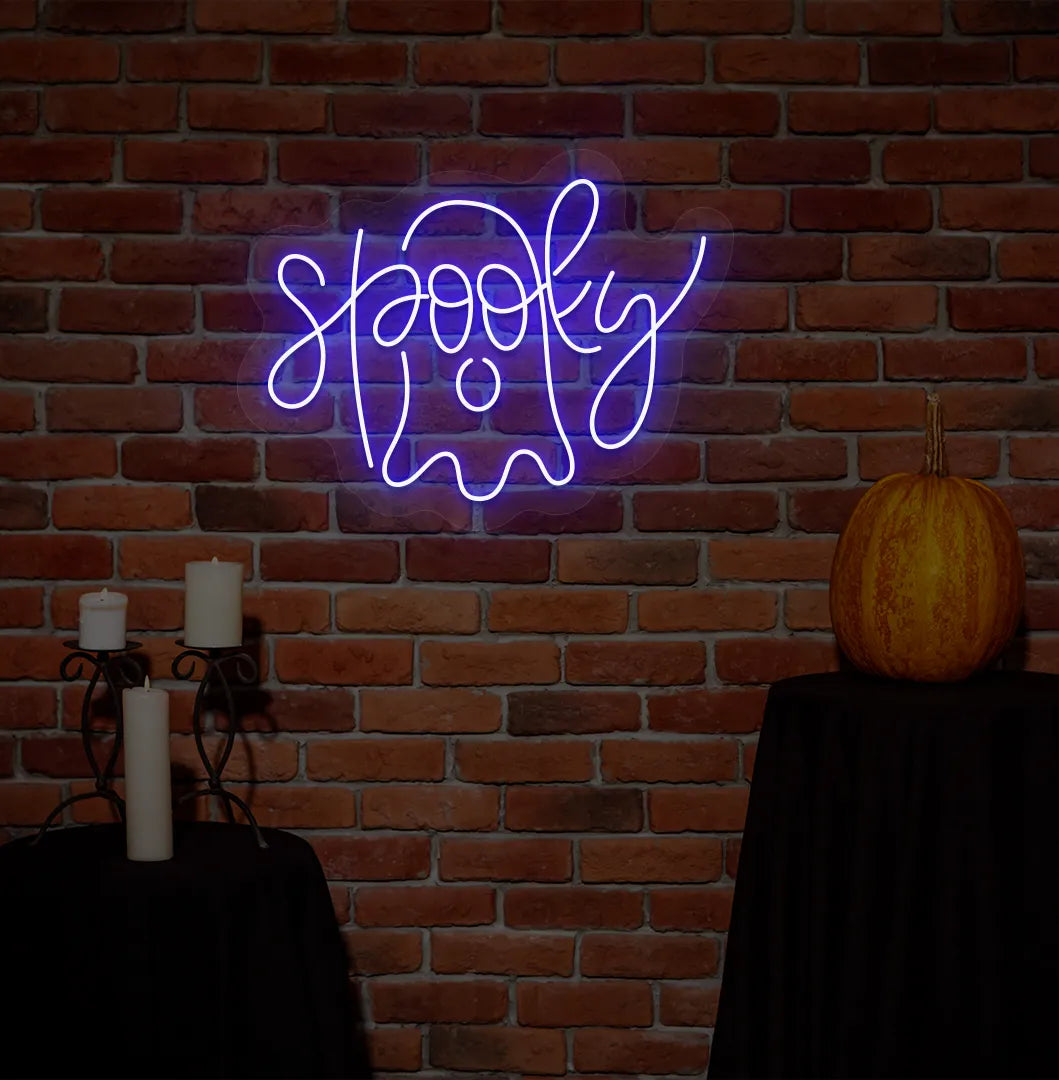 Blue LED Spooky Neon Sign displayed on a Halloween themed background.