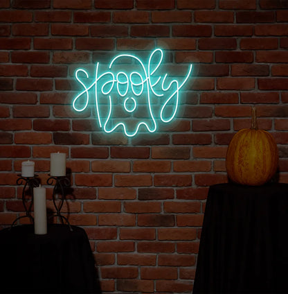 Ice Blue LED Spooky Neon Sign displayed on a Halloween themed background.