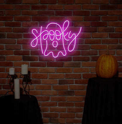 Pink LED Spooky Neon Sign displayed on a Halloween themed background.