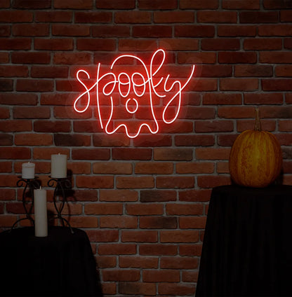 Red LED Spooky Neon Sign displayed on a Halloween themed background.
