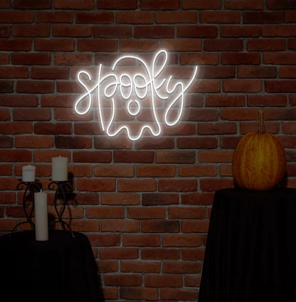 White LED Spooky Neon Sign displayed on a Halloween themed background.