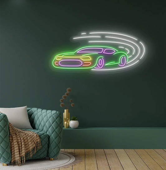 Sports car neon sign glowing green on aesthetic wall setup.