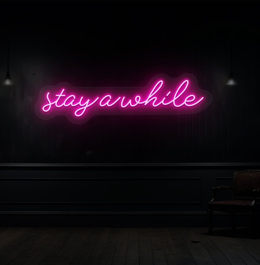 Stylish pink LED stay-a-while neon light on wooden wall interior for living room & hallway décor.