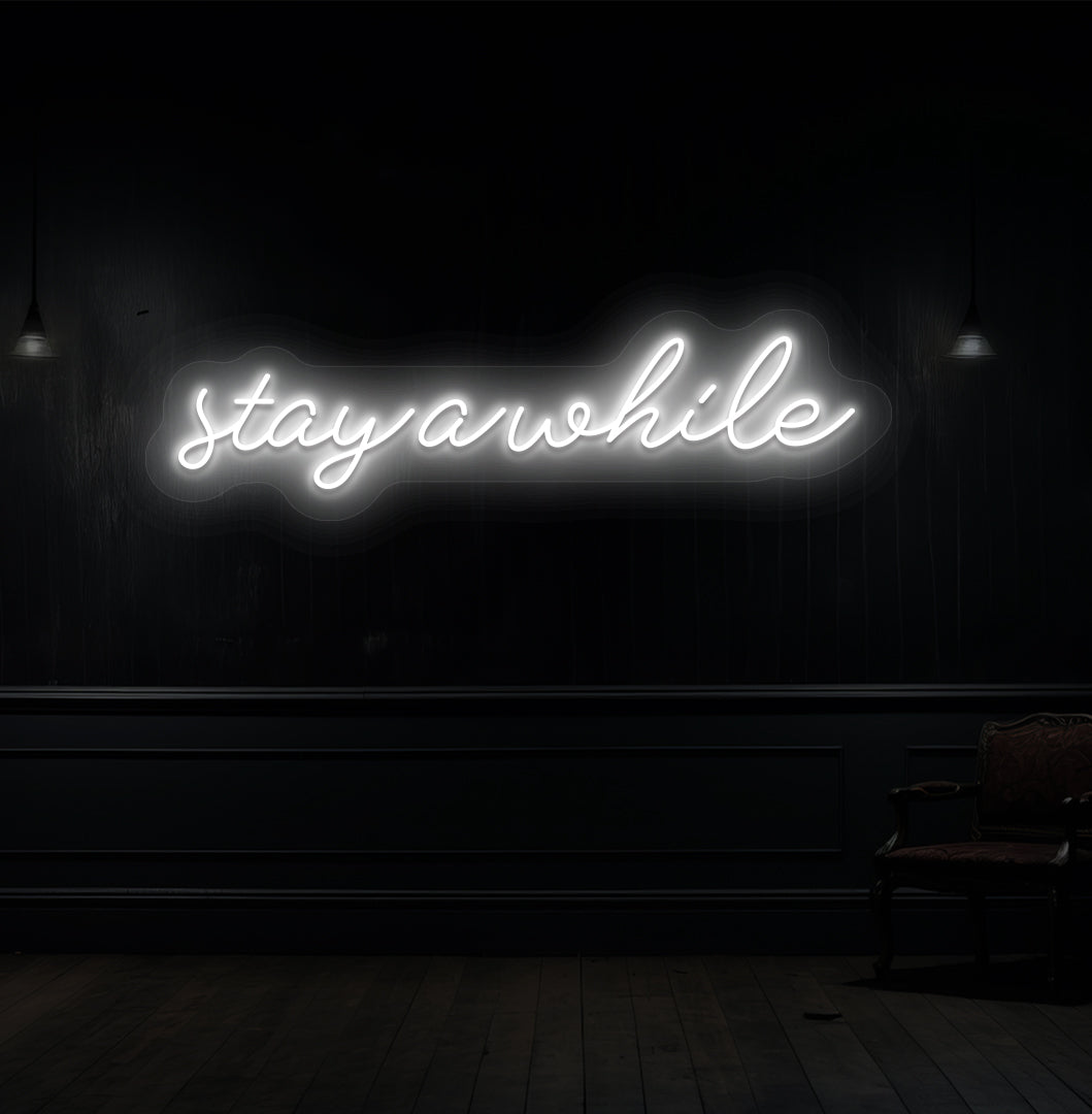 Stylish white LED stay-a-while neon light on wooden wall interior for living room & hallway décor.