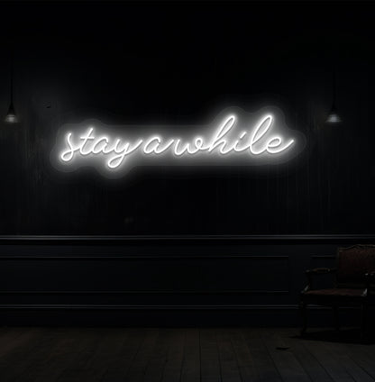 Stylish white LED stay-a-while neon light on wooden wall interior for living room & hallway décor.