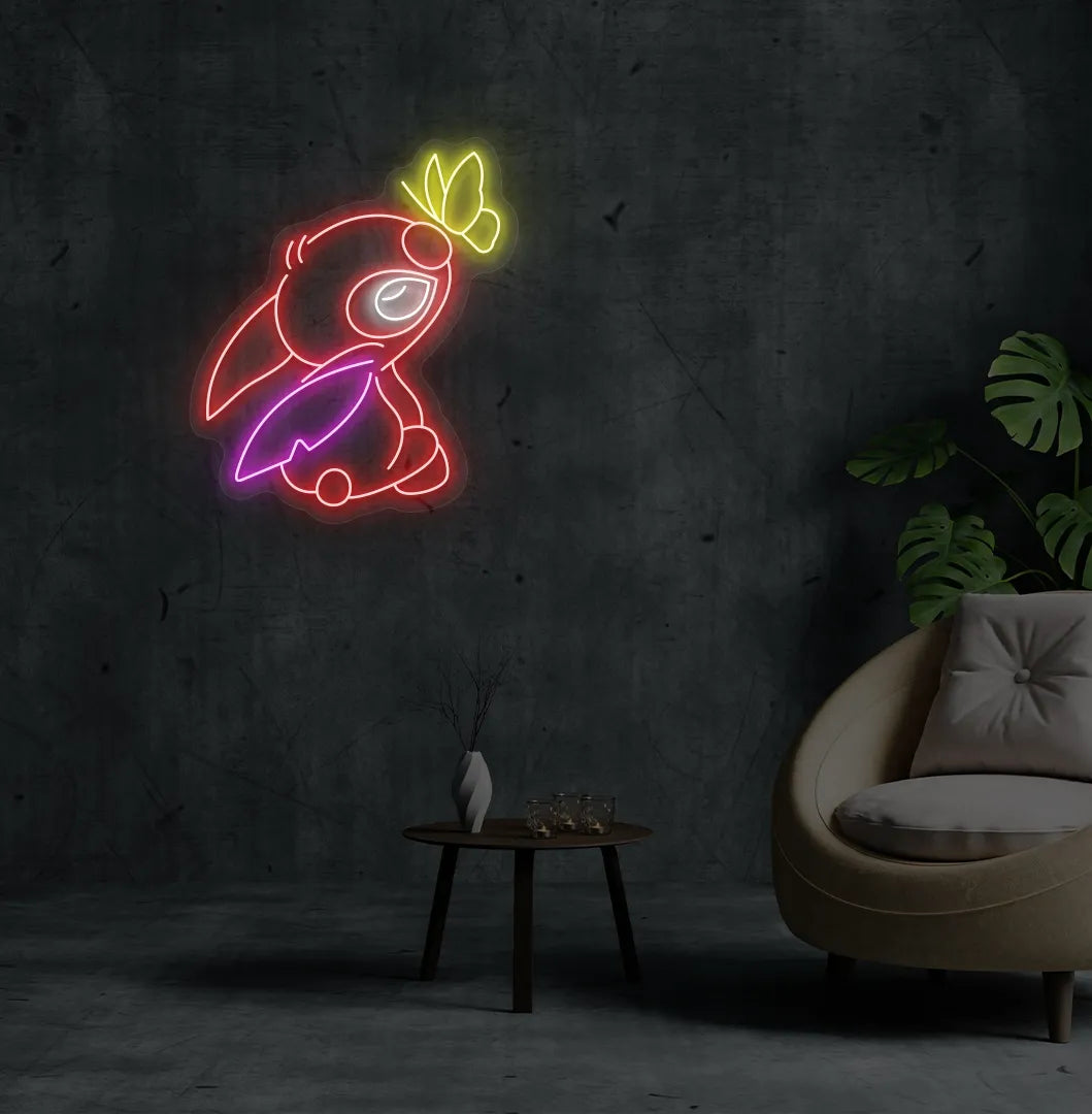 Stitch-inspired red neon sign glowing on decorative wall.