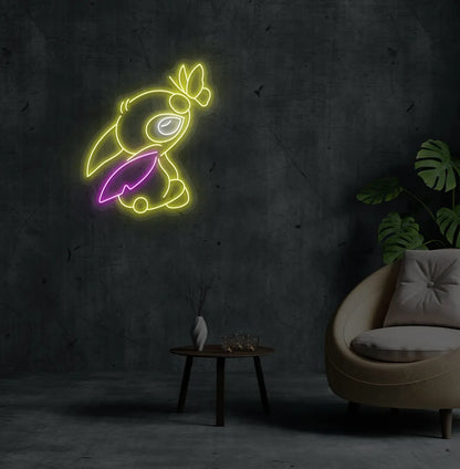 Image of a Cute Stitch neon sign mounted on modern bedroom wall in yellow color.