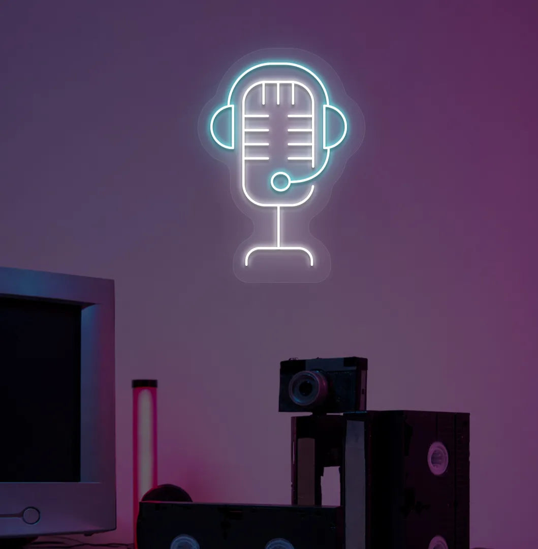 Image of an aesthetic gaming room wall with studio MIC neon sign glowing ice blue.