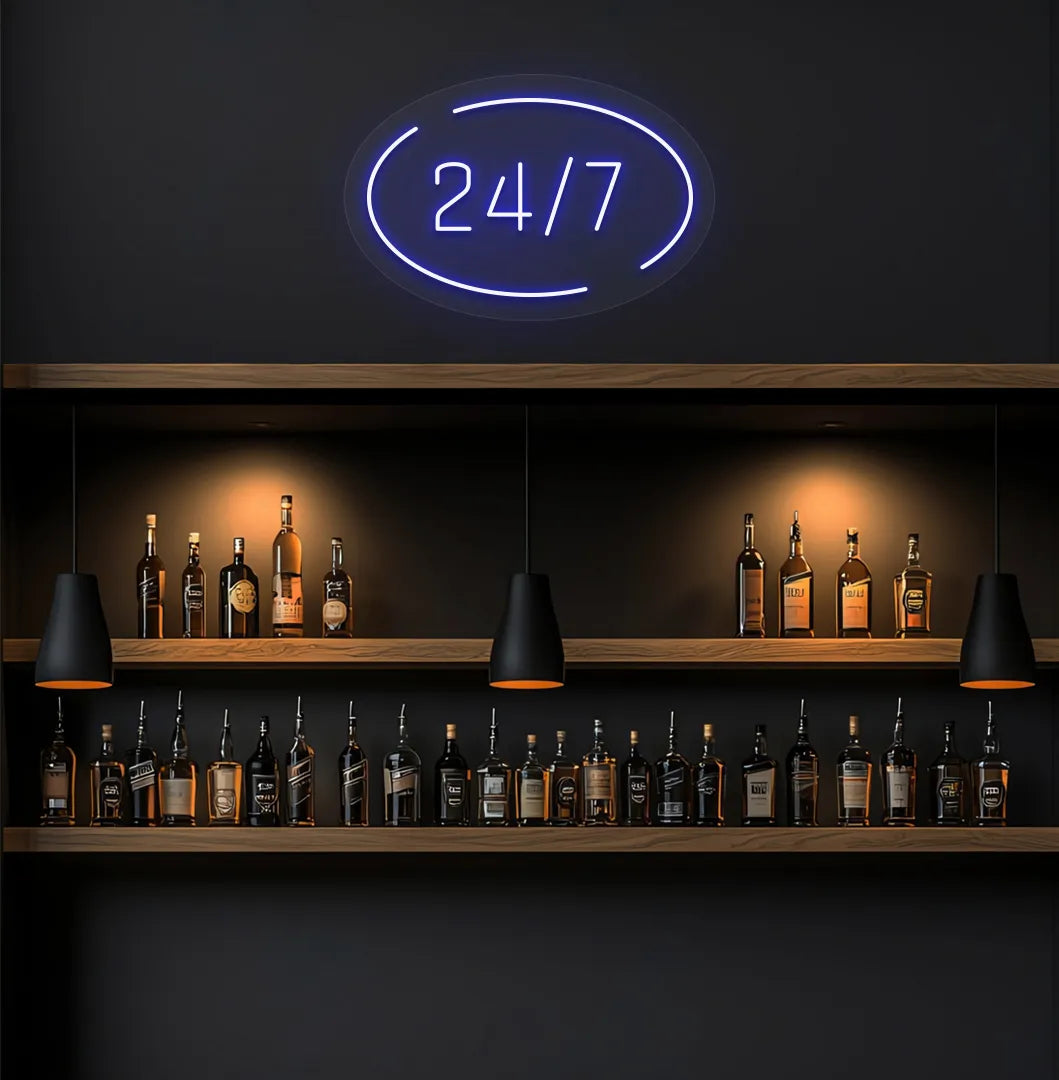 Stylish 24 7 in circle neon sign in blue color on storefront decor.