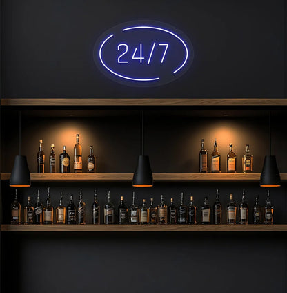 Stylish 24 7 in circle neon sign in blue color on storefront decor.
