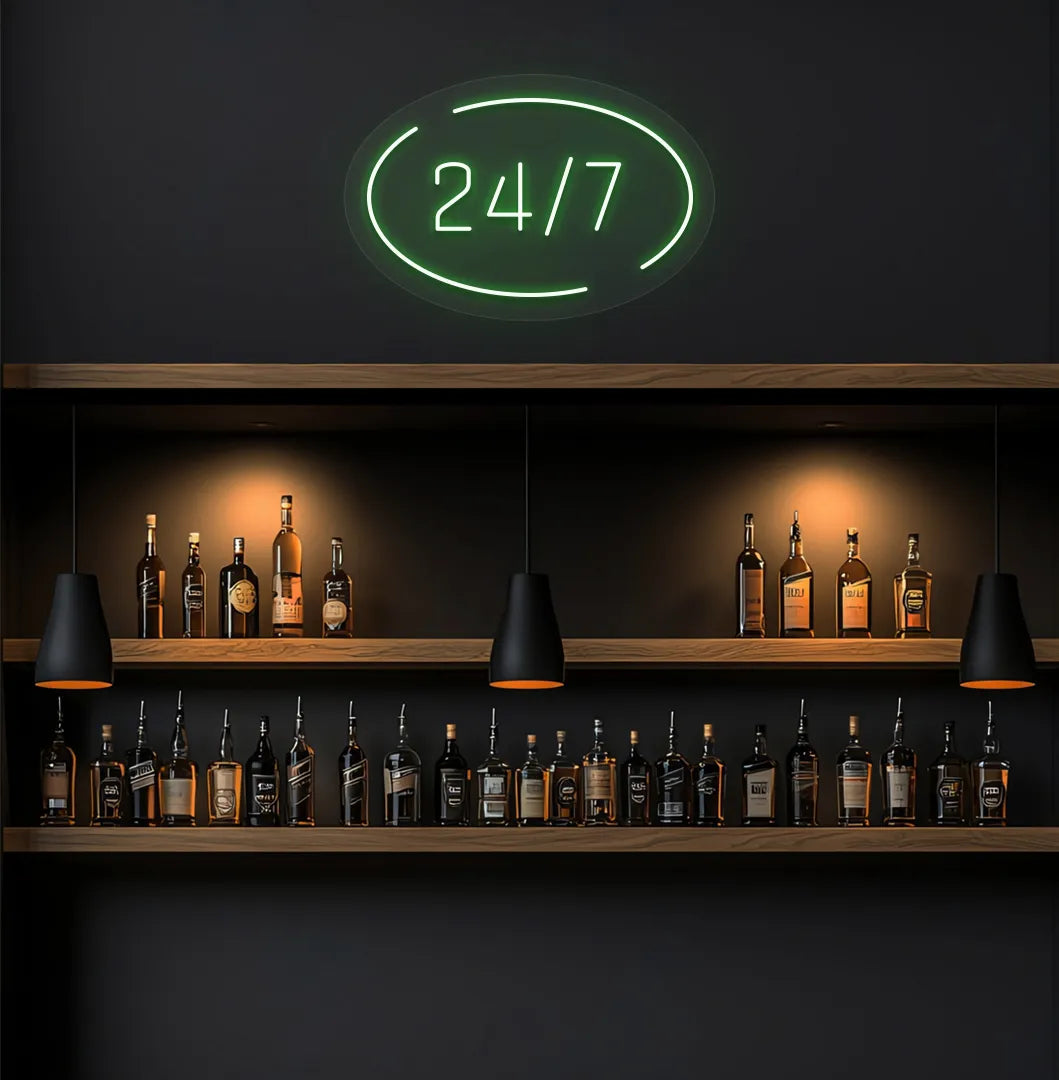 Trendy stylish 24 7 circle neon sign in green mounted on storefront.