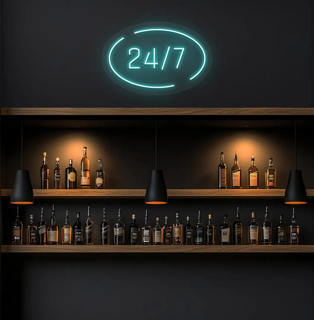 Stylish 24 7 in circle neon sign in ice blue color on storefront decor.