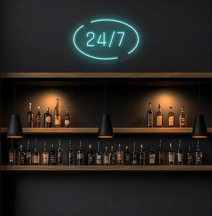 Stylish 24 7 in circle neon sign in ice blue color on storefront decor.
