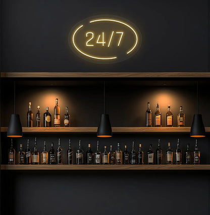 Trendy stylish 24 7 circle neon sign in orange mounted on storefront.
