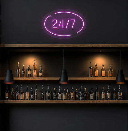 Stylish 24 7 in circle neon sign in pink color on storefront decor.