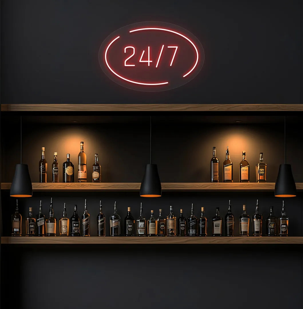 Stylish 24 7 in circle neon sign in red color on storefront decor.