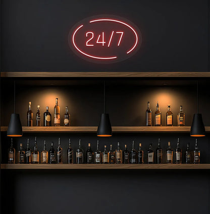 Stylish 24 7 in circle neon sign in red color on storefront decor.