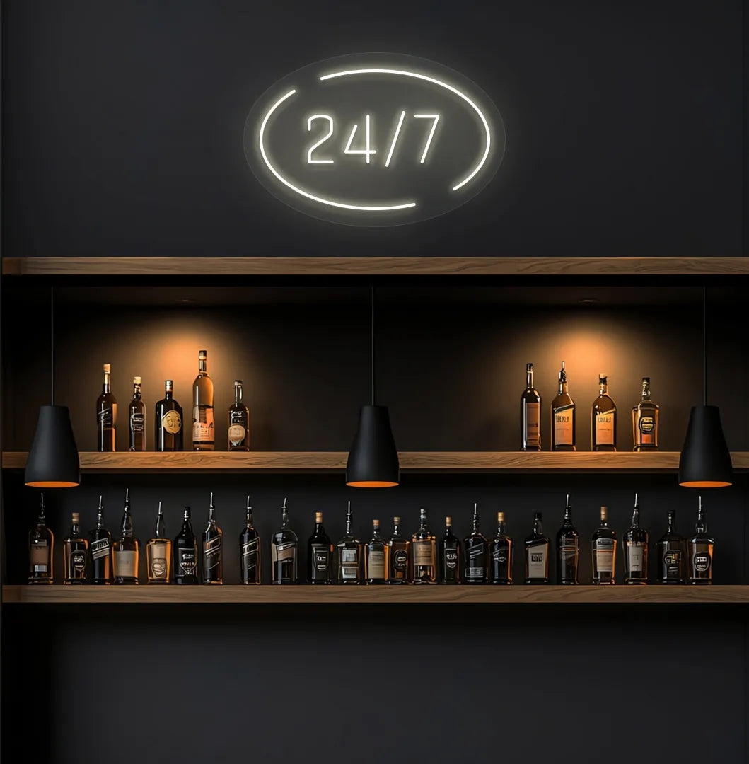 Trendy stylish 24 7 circle neon sign in warm white mounted on storefront.