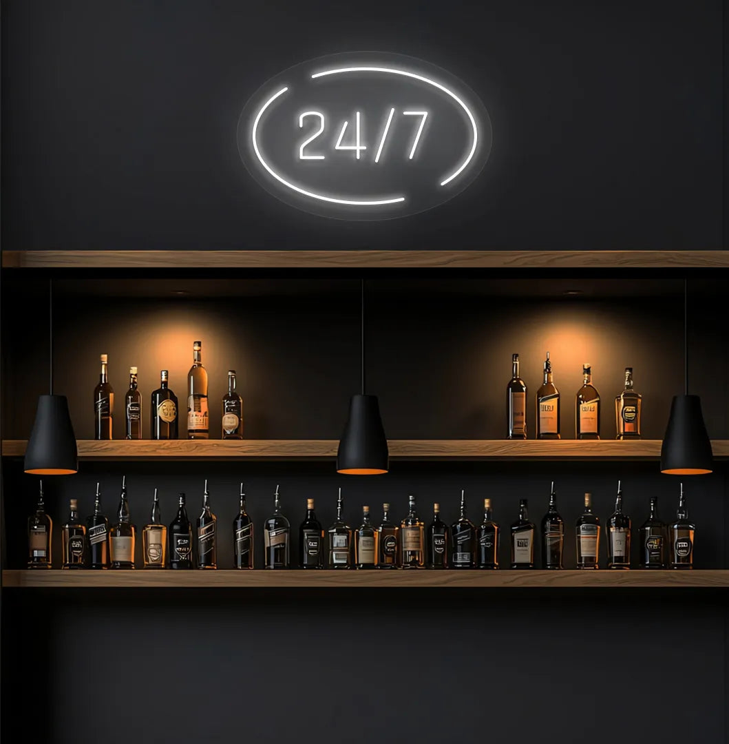 Stylish 24 7 in circle neon sign in white color on storefront decor.