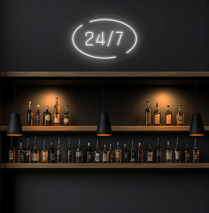 Stylish 24 7 in circle neon sign in white color on storefront decor.