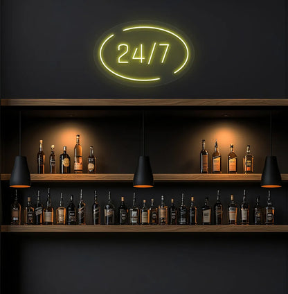 Trendy stylish 24 7 circle neon sign in yellow mounted on storefront.