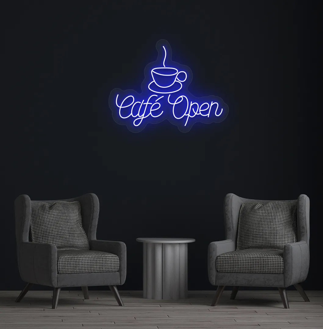 Image of a modern cafe wall with stylish cafe open neon sign glowing blue.