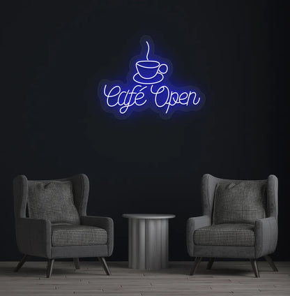Image of a modern cafe wall with stylish cafe open neon sign glowing blue.