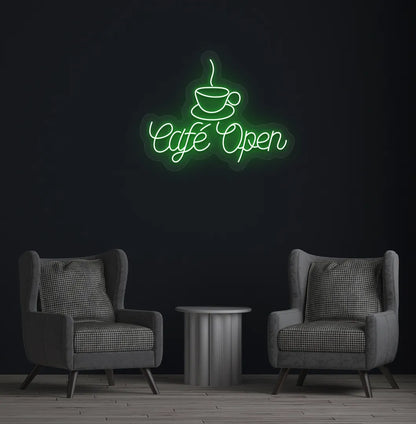 Green stylish cafe open LED neon sign for coffee shop wall setup.