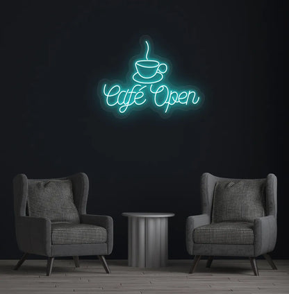 Image of a modern cafe wall with stylish cafe open neon sign glowing ice blue.