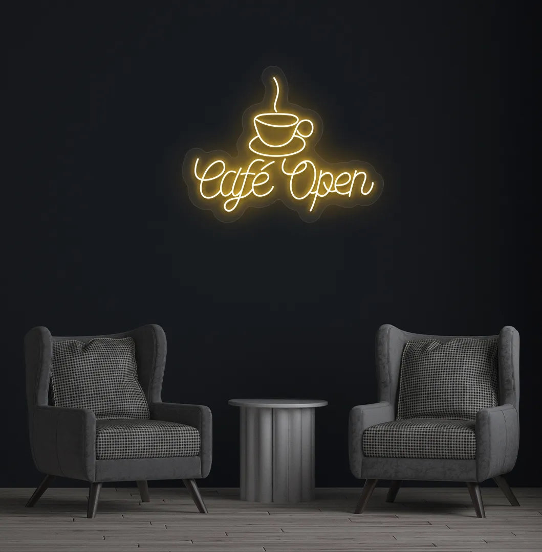 Orange stylish cafe open LED neon sign for coffee shop wall setup.