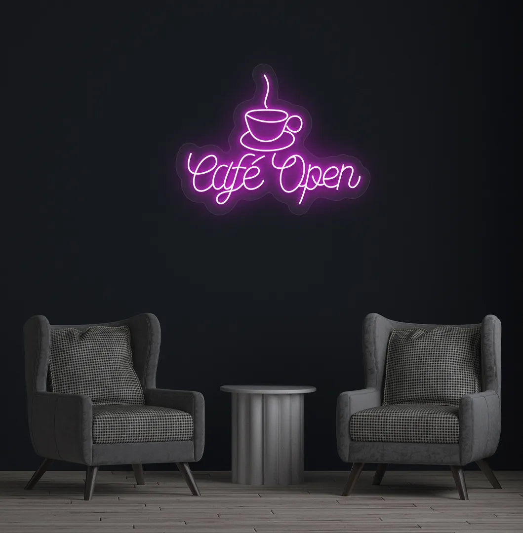 Image of a modern cafe wall with stylish cafe open neon sign glowing pink.