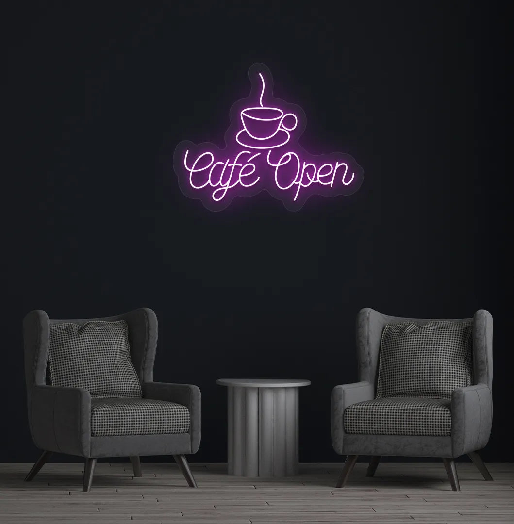 Purple stylish cafe open LED neon sign for coffee shop wall setup.