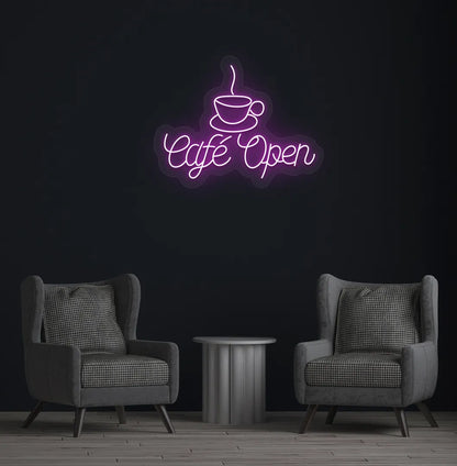 Purple stylish cafe open LED neon sign for coffee shop wall setup.