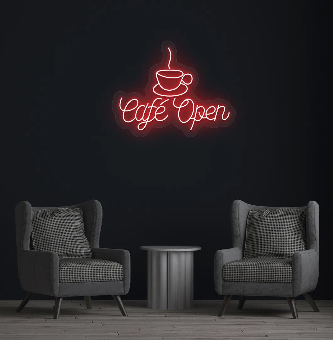 Image of a modern cafe wall with stylish cafe open neon sign glowing red.