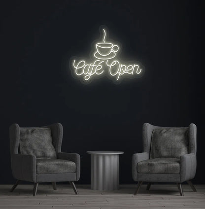 Warm White stylish cafe open LED neon sign for coffee shop wall setup.