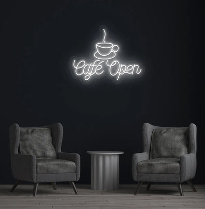 Image of a modern cafe wall with stylish cafe open neon sign glowing white.