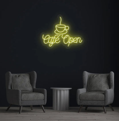 Yellow stylish cafe open LED neon sign for coffee shop wall setup.