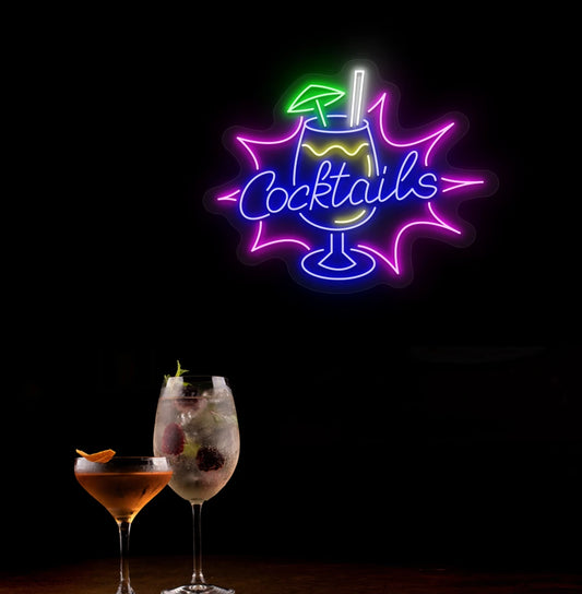 Elegant cocktail text neon sign with glass icon in blue mounted on wall.