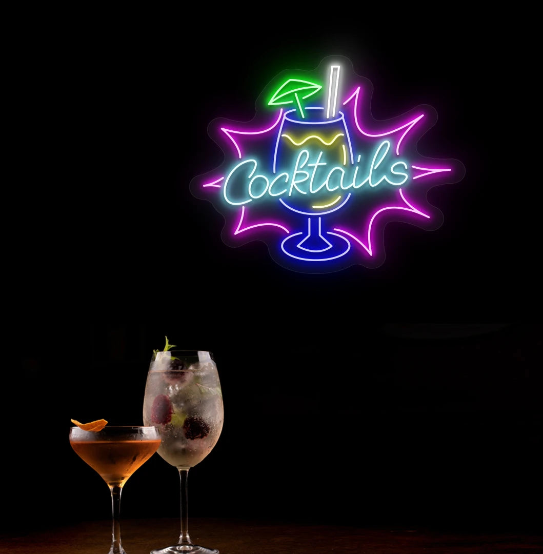 Elegant cocktail text neon sign with glass icon in ice blue mounted on wall.