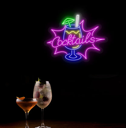 Elegant cocktail text neon sign with glass icon in pink mounted on wall.