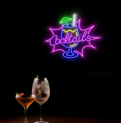 Modern wall decor with cocktail text and glass neon sign glowing purple.