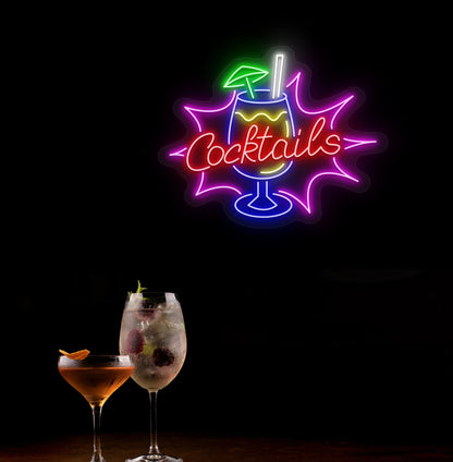 Elegant cocktail text neon sign with glass icon in red mounted on wall.
