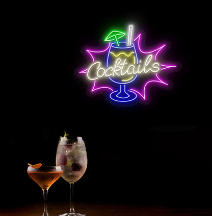 Modern wall decor with cocktail text and glass neon sign glowing warm white.