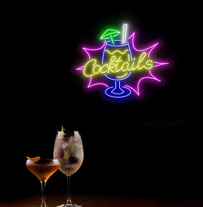 Elegant cocktail text neon sign with glass icon in yellow mounted on wall.
