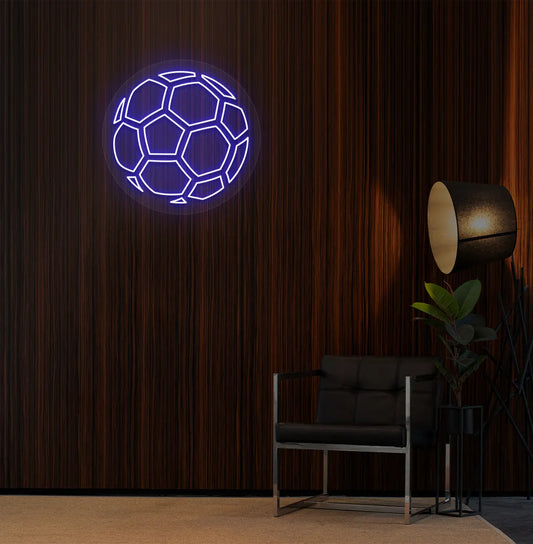 Blue stylish football LED neon sign mounted on aesthetic room wall.