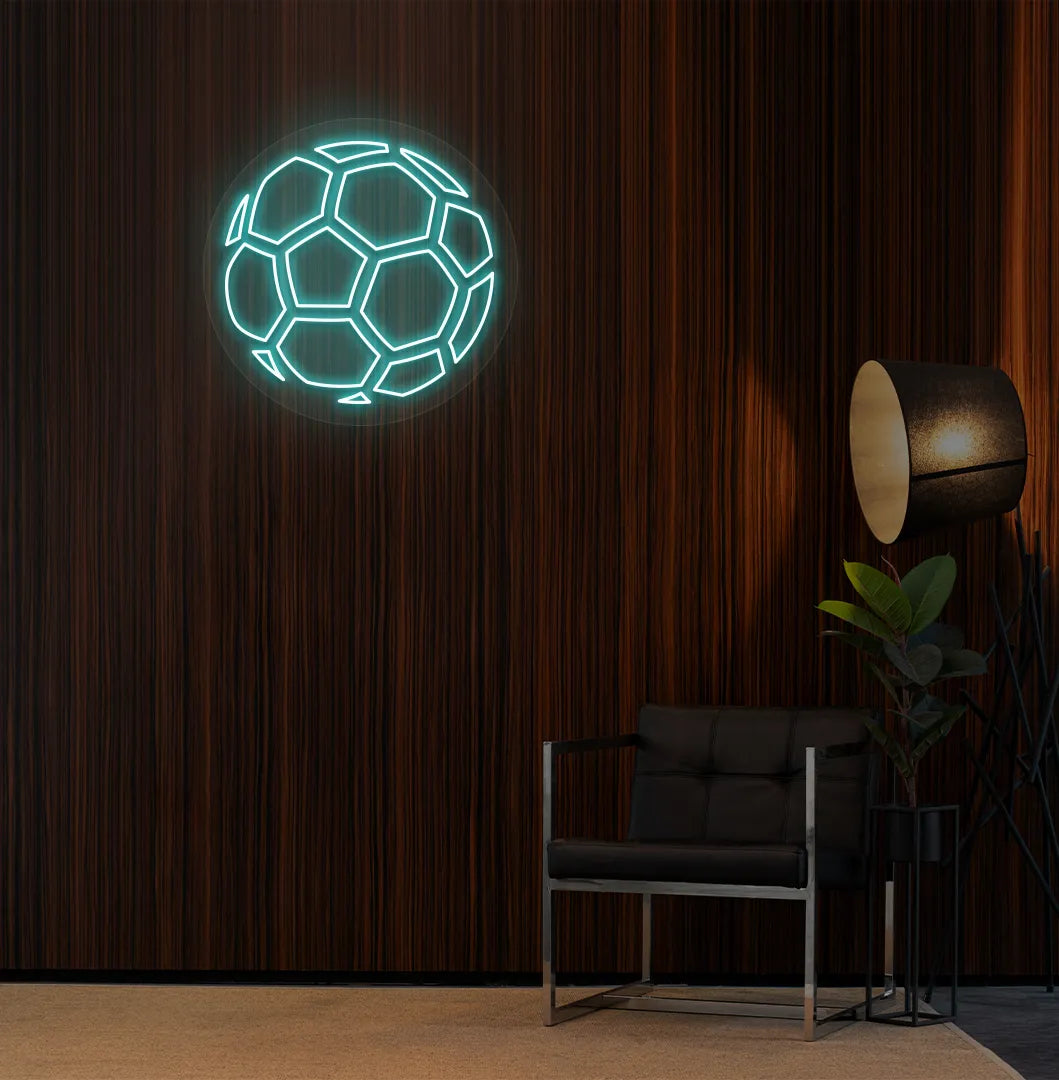 Ice blue stylish football LED neon sign mounted on aesthetic room wall.