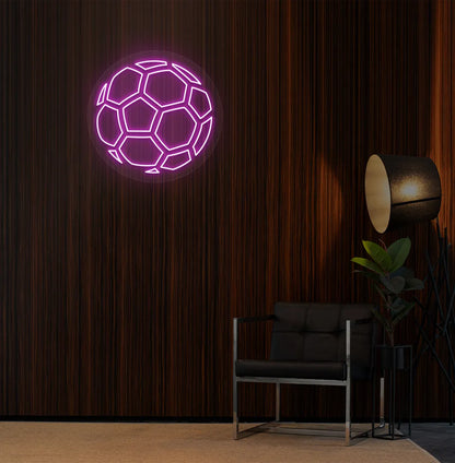 Pink stylish football LED neon sign mounted on aesthetic room wall.