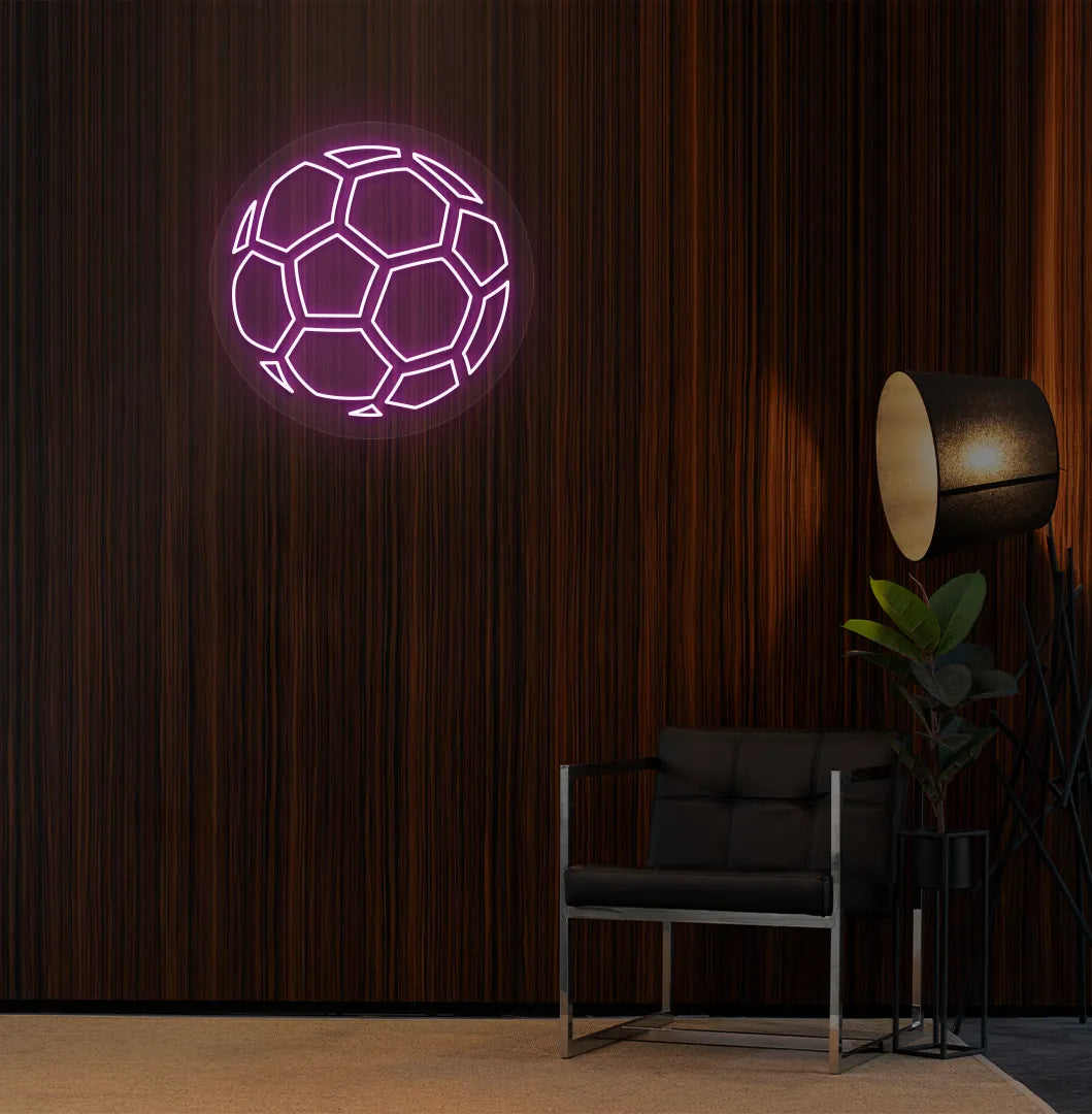 Modern sports wall decor with stylish football neon sign glowing purple.