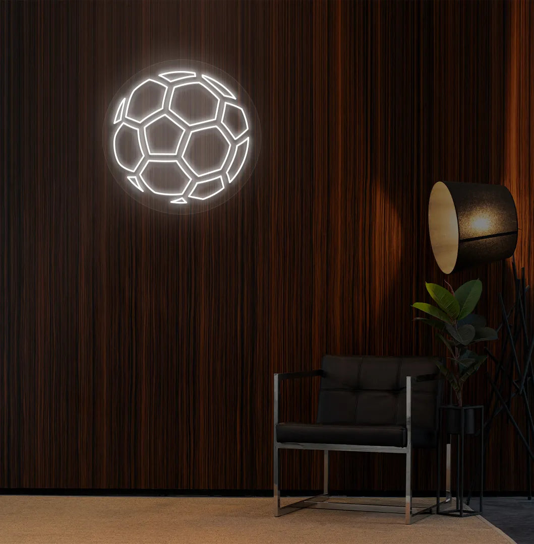White stylish football LED neon sign mounted on aesthetic room wall.