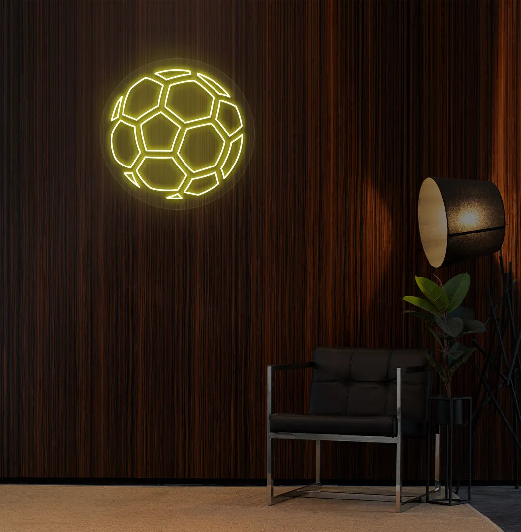 Modern sports wall decor with stylish football neon sign glowing yellow.